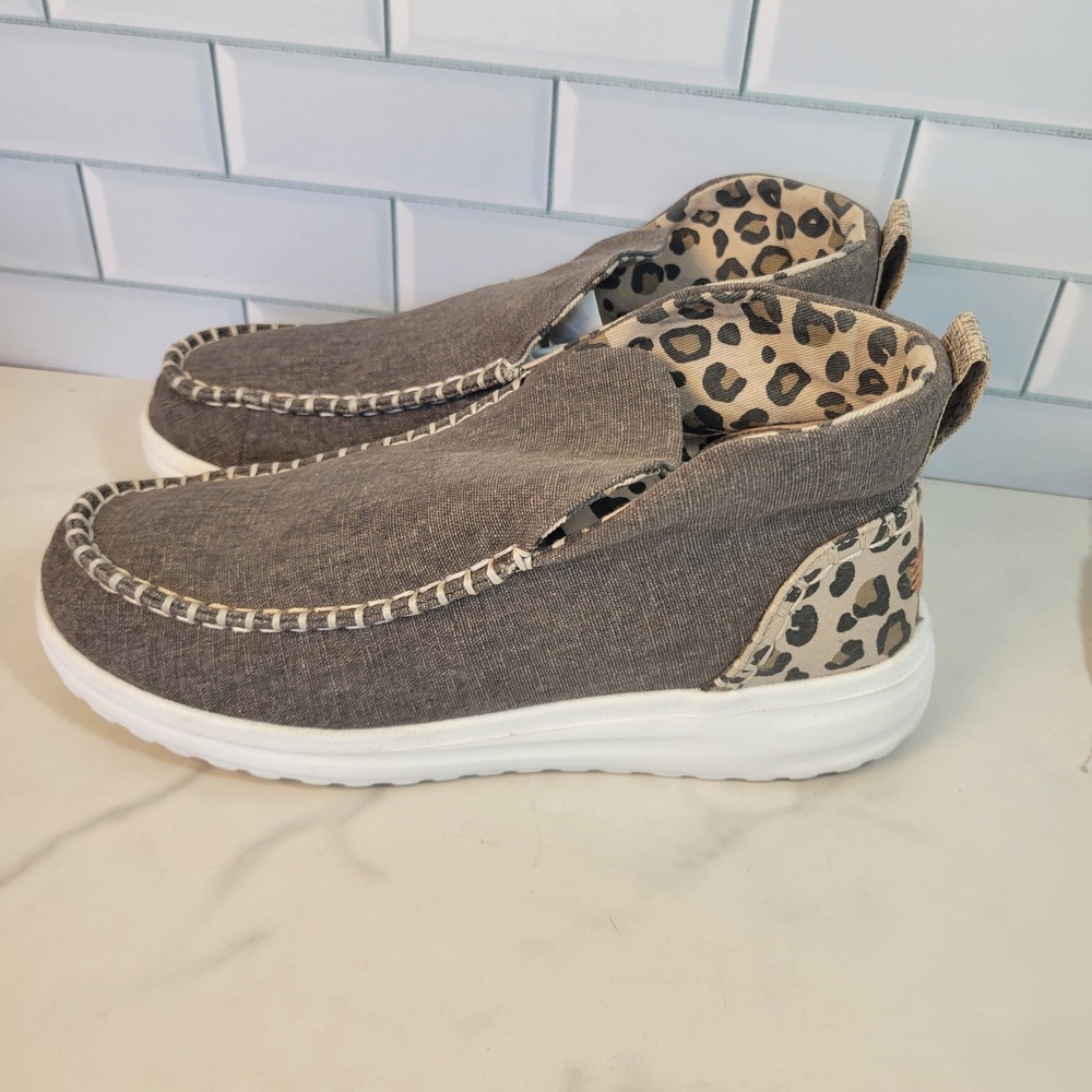 HEY DUDE Denny Leopard Slip On Ankle Bootie Womens Size 8 Brown Tan Moc Toe